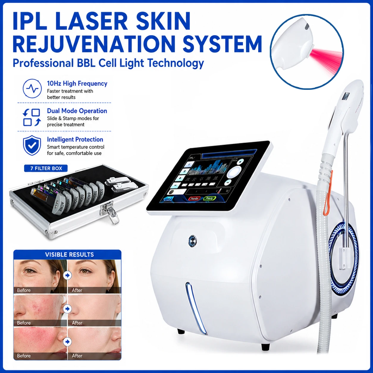 Upgraded BBL IPL Skin Care Machine Vertical Intense Pulsed Light Acne Redness Hair Removal Cell Light Skin Rejuvenation 7 Probes