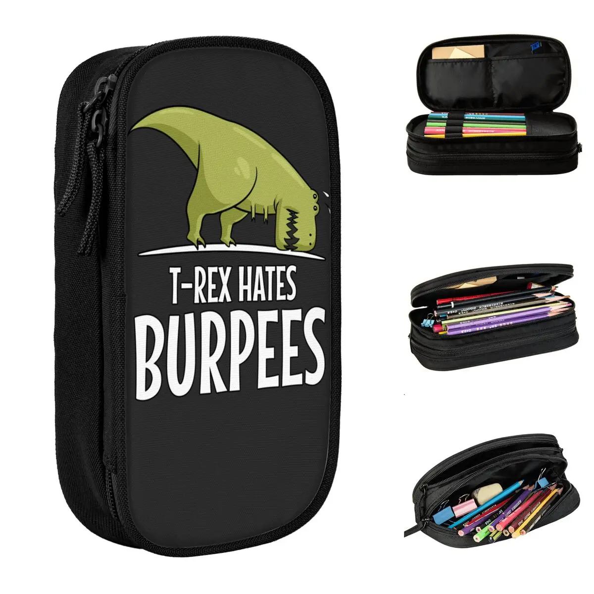 Dinosaur T Rex Hates Burpees Pencil Cases Pen Bag Kids Large Storage School Supplies Gift Pencilcases