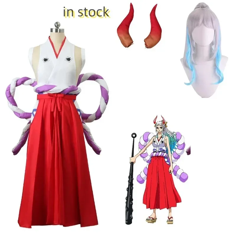 A In Stock Yamato Cosplay Costume Wig Hakama Kendo Samurai Kimono Dress Women 6 Pieces Suit Carnival Party Clothes Set