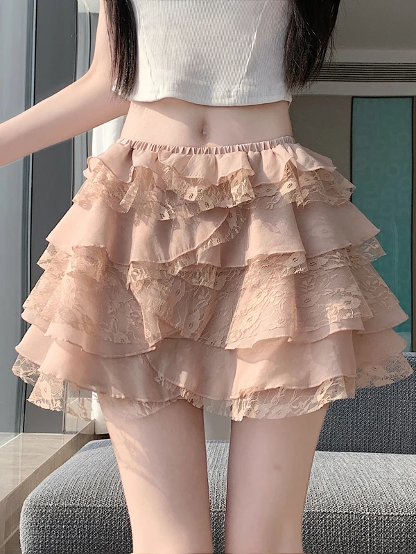 

Sweet Style Lace Patchwork A-Line Pleated Skirt Women's Summer High Waist Slimming Short Skirt Comfortable Polyester Fiber