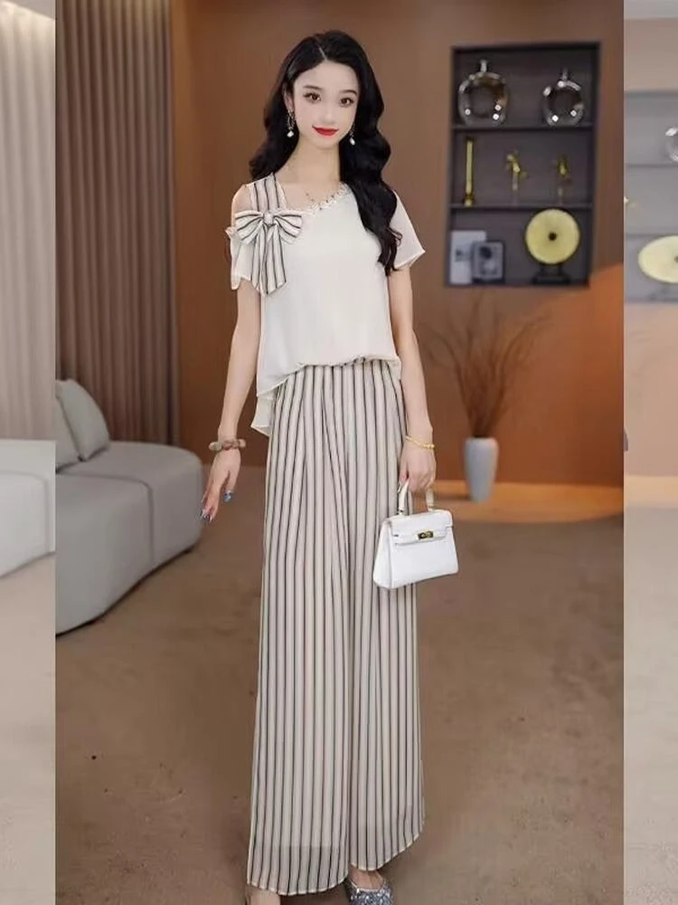 

High end beautiful summer new fashionable slimming bow design top casual temperament stripe wide leg pants two-piece set