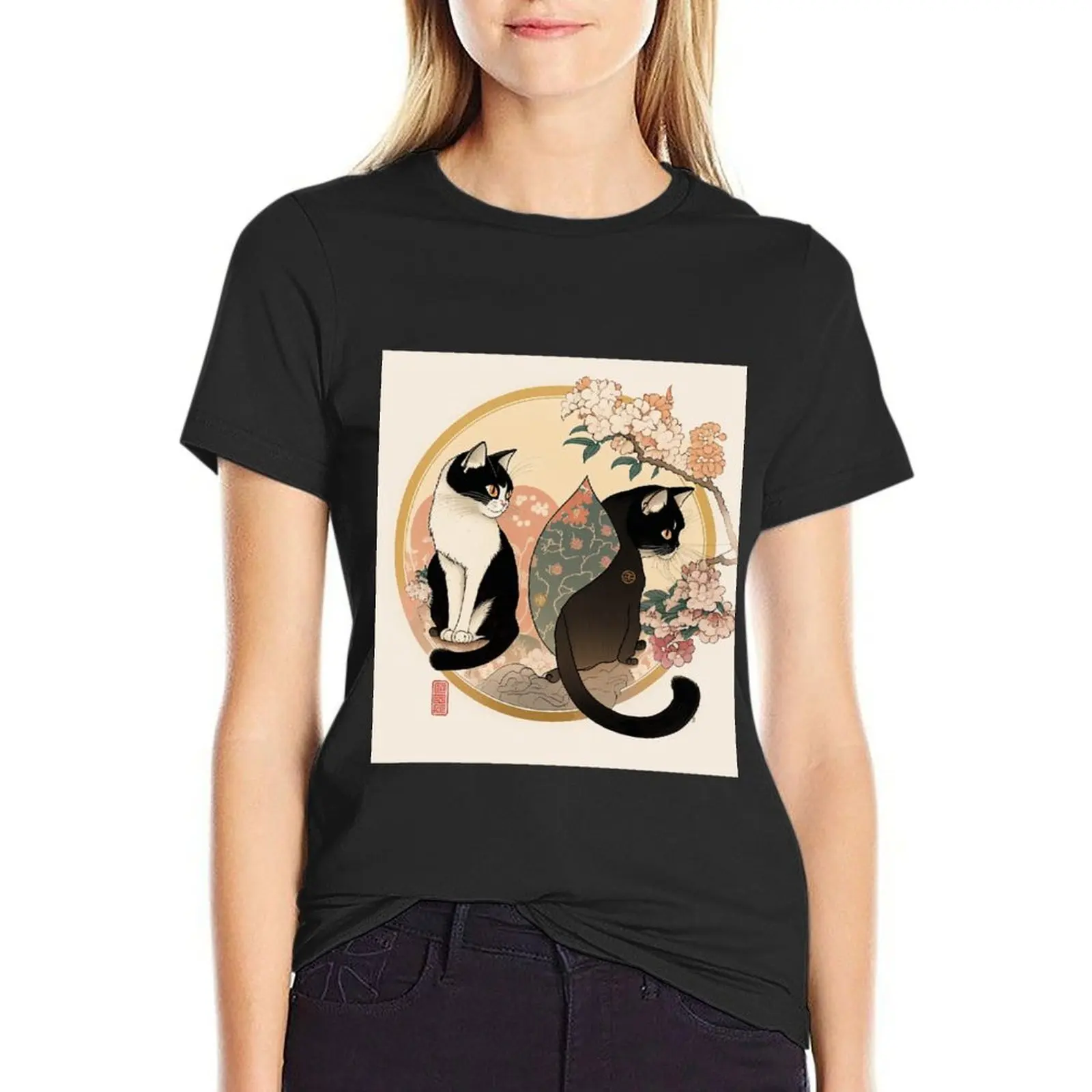 Ukiyo-E Cats T-Shirt oversized korean fashion summer clothes customs t-shirts for Women graphic tees funny