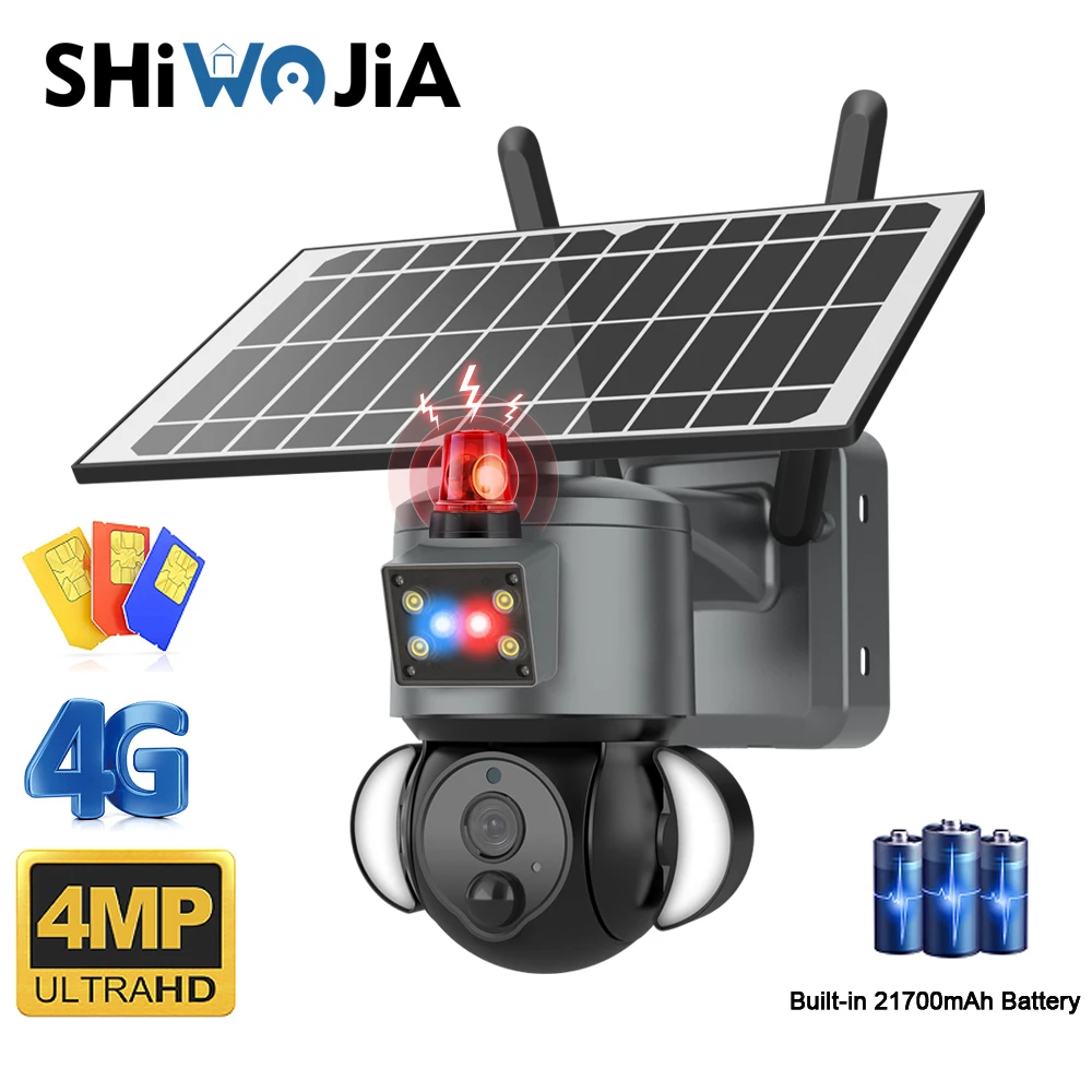 SHIWOJIA 2K 4MP Solar Camera 4G Outdoor WIFI Wireless Solar Powerd Security Camera PIR Two-Way Video Floodlight PTZ Kamera CCTV