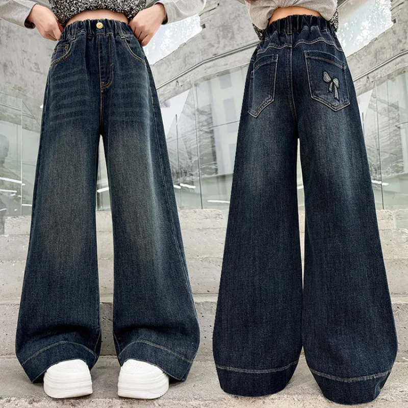 

Широкие брюки для девочек-подростков, осенние джинсовые брюки с карманами в стиле ретро и бантом для девочек-подростков, простые детские брюки с высокой талией для девочек