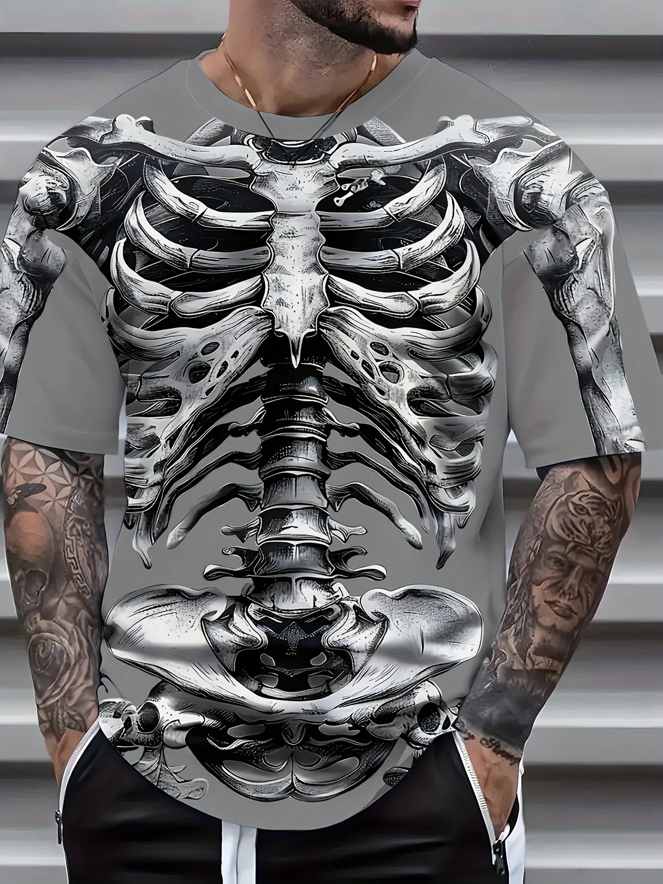 Men's Full Print Skeleton T-Shirt Grey Crew Neck Short Sleeve Gothic Skull Casual Streetwear Halloween Top