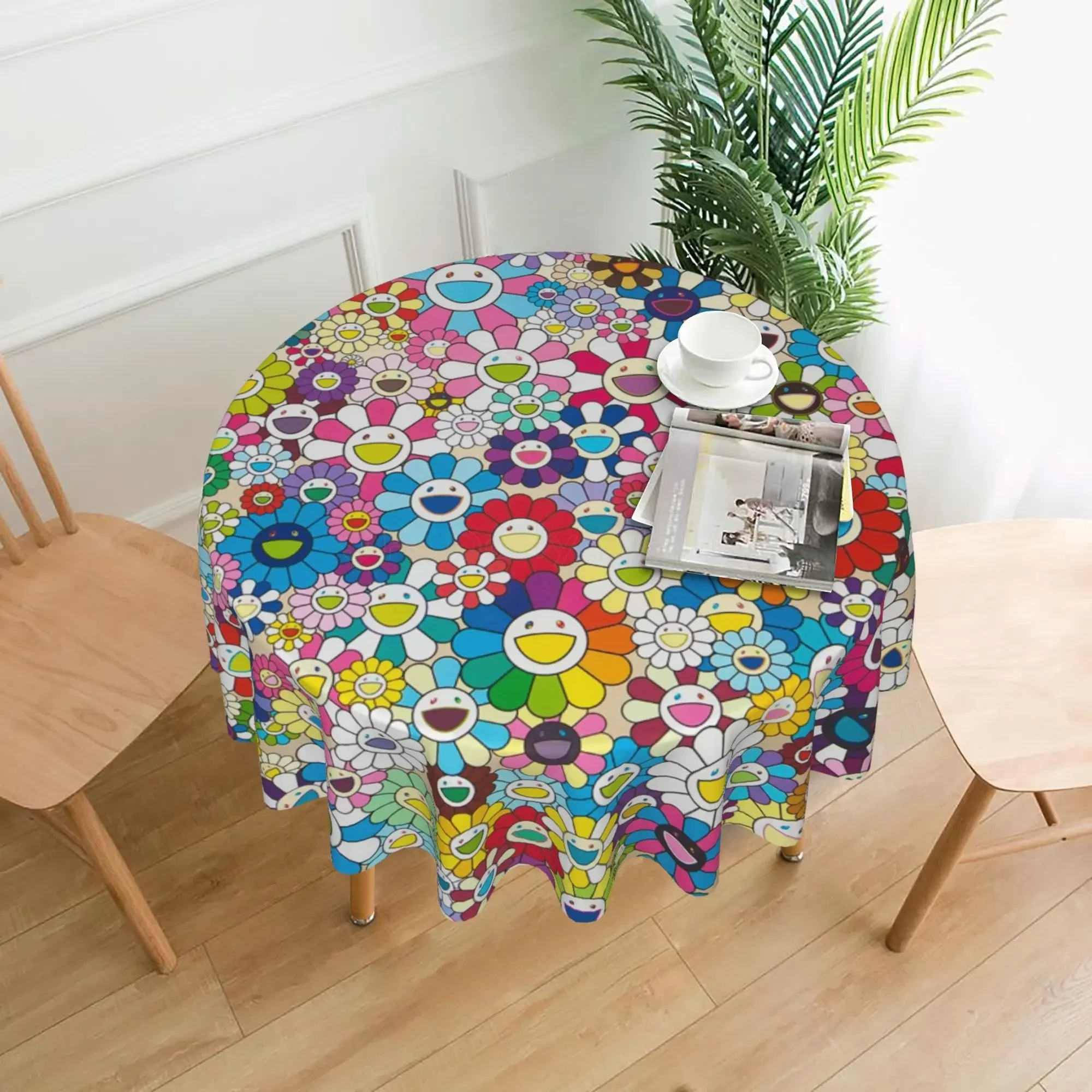 Rainbow Flower Chicago Round Tablecloth 60 Inch Kitchen Decor Table Cloth Waterproof Table Cover for Party Holiday Outdoor