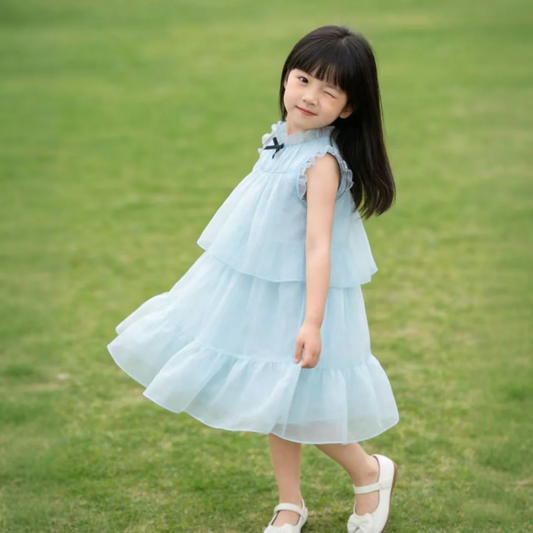

Girl's Butterfly Gauze Skirt Temperament Princess Skirt Summer New Mid Size Children's Ice Blue Cute Fairy Style Mesh Dress