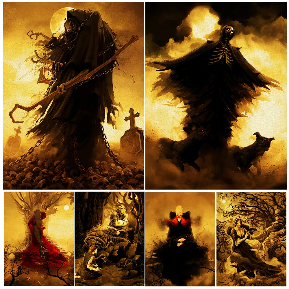 Entangled By Ghosts,Ugly Baba Yaga Vintage Wall Art Canvas Painting Evil Spirits And Hell Dogs Art Poster And Print Home Decor