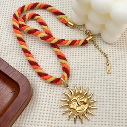 New Stainless Steel Geometry Heart Sun Pendant Necklaces for Women Boho Red Yellow Rope Chains Trendy Vintage Jewelry Gift