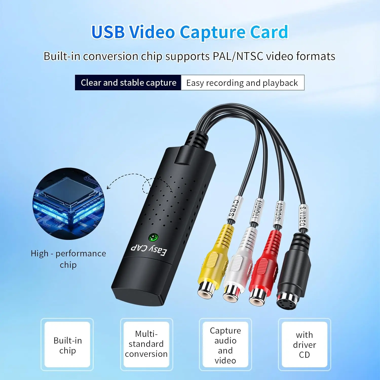 USB 2.0 Audio/Video Converter, Video Capture Card VHS Box VHS VCR TV to Digital Converter, Windows 2000/XP/Vista/7/8/10/11/Mac