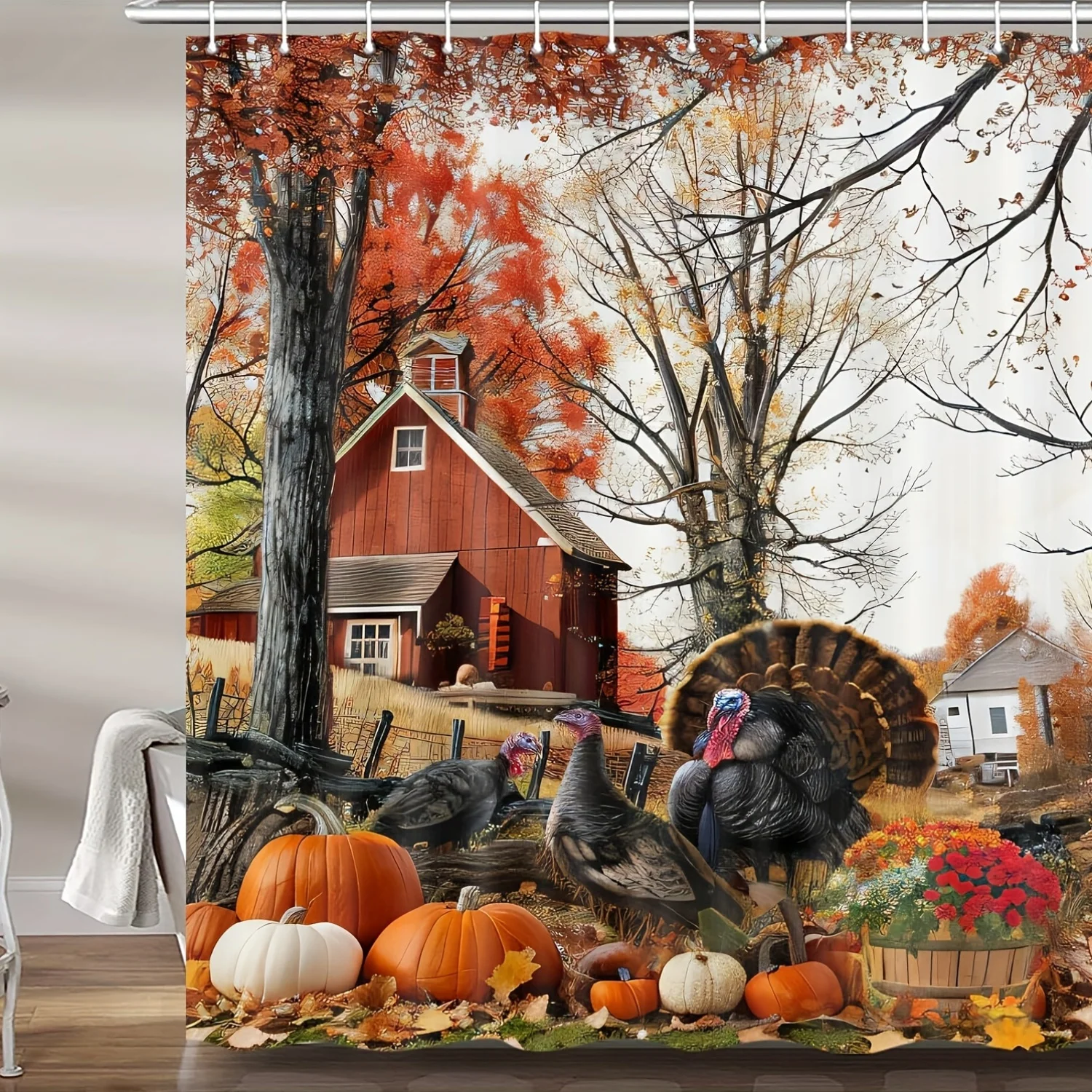 1pc Thanksgiving Fall Shower Curtain Bathroom, Country Fall Farm Turkey Pumpkin Harvest Fabric Shower Curtain Set, Cute Vintage