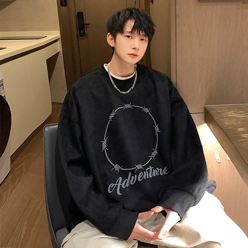 

Мужская свободная толстовка с круглым вырезом из замшевого вельвета, осенне-зимняя, больших размеров, 3 кг, базовый слой, модная уличная одежда