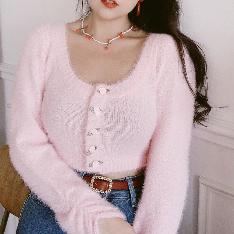 Christmas sweater women Cropped sweater pink long sleeve top flower knitted sweater kawaii clothes cute vintage sweater kawaii