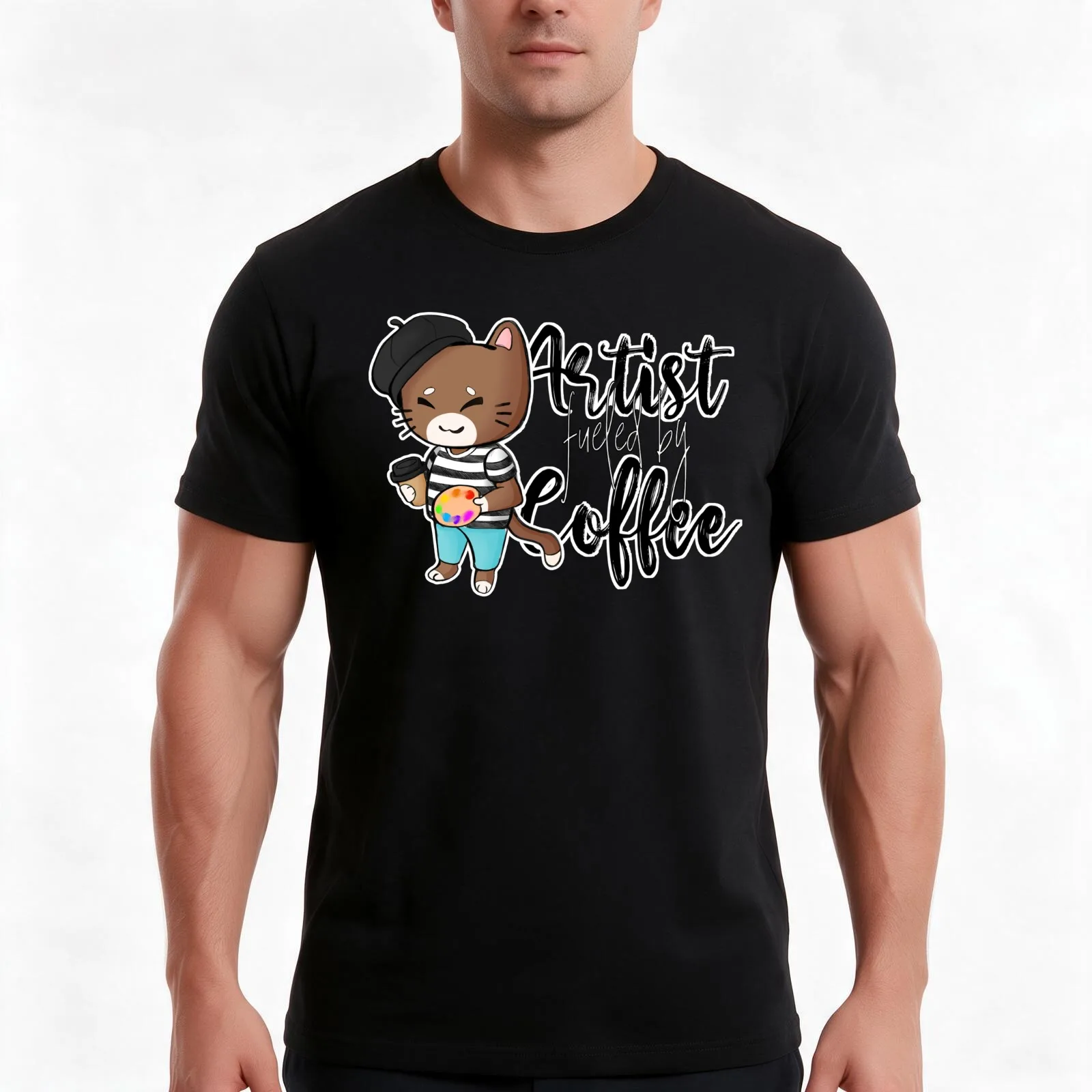 Artist cat fueled by coffee T-Shirt, Summer Casual Cotton Tee, Oversized Streetwear Tops, Vintage Graphic Print, 100% Cotton