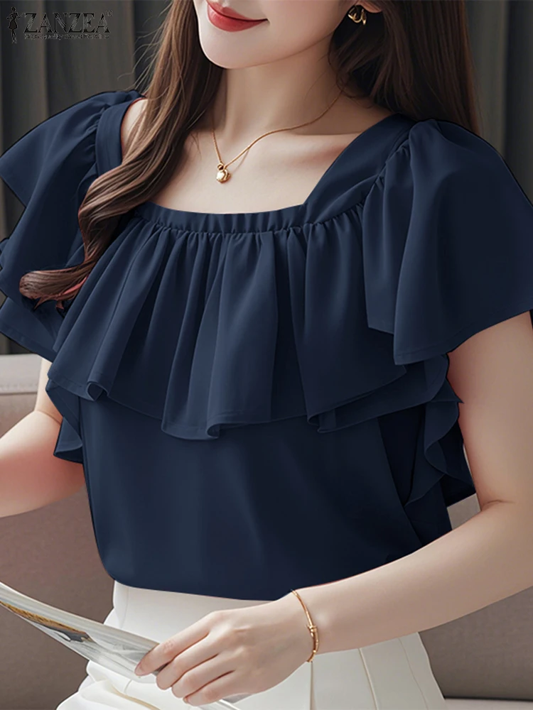 

ZANZEA Fashion Women OL Ruffled Blouse Summer Square Collar Solid Color Tunic Tops 2025 Short Sleeve Elegant Office Lady Shirts