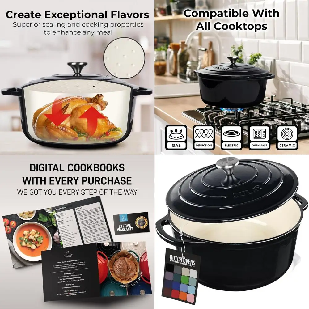 

Enameled Cast Iron 6-Quart Dutch Oven with Lid - Oven Safe up to 500°F for Baking, Stews, Braising & Roasting - Black