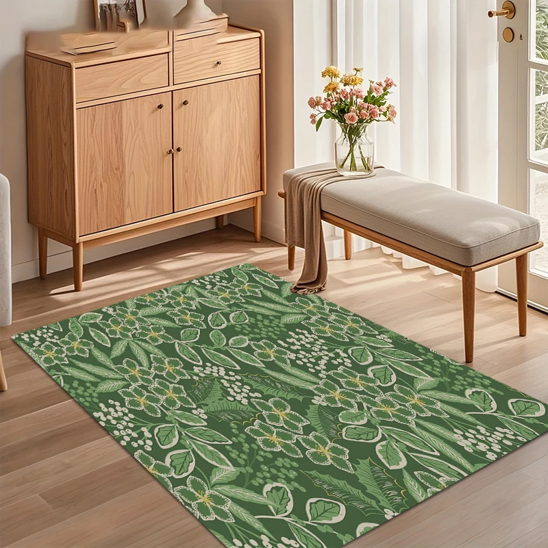 1pc Green Botanical Rug Leaf Flower Pattern Non Slip Floor Mat for Living Room Bedroom Rustic Home Decor Carpet