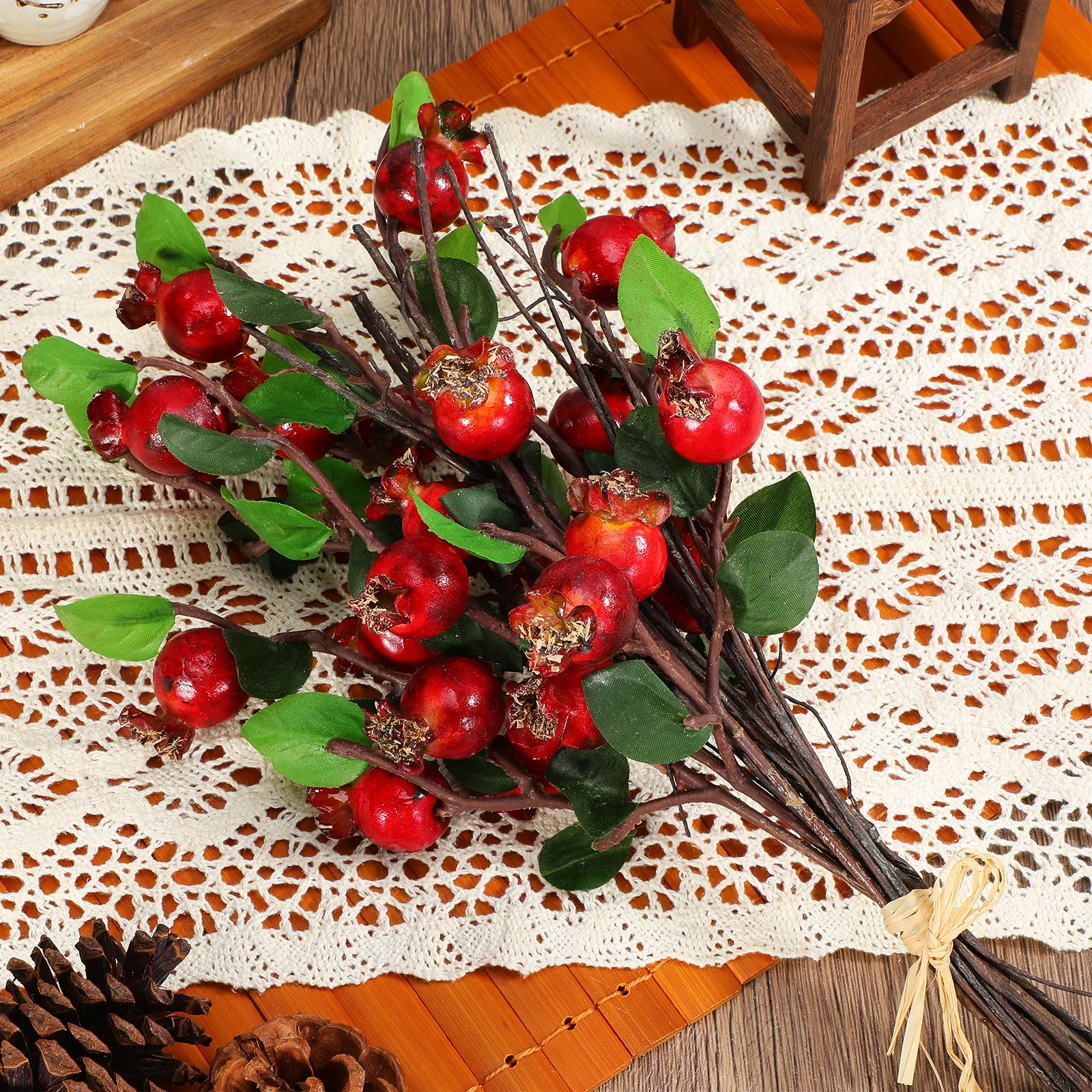 

Group of 5 Artificial Rosehip Berries Simulation Pomegranate Fruit Yellow Bright Glazed Finish Christmas Floral Accessories