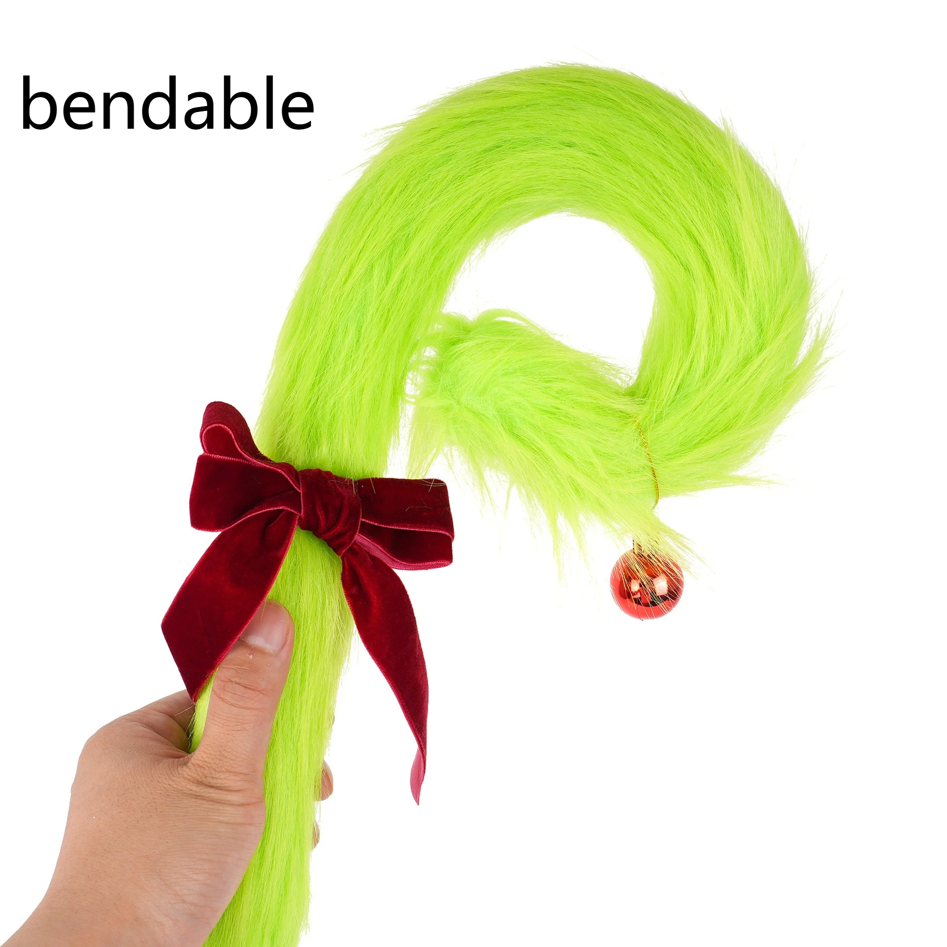 Christmas Decorative Festive Green Fuzzy Wands with Red green Bow&Jingle Bell Christmas Tree Ornaments, Party Props Gift