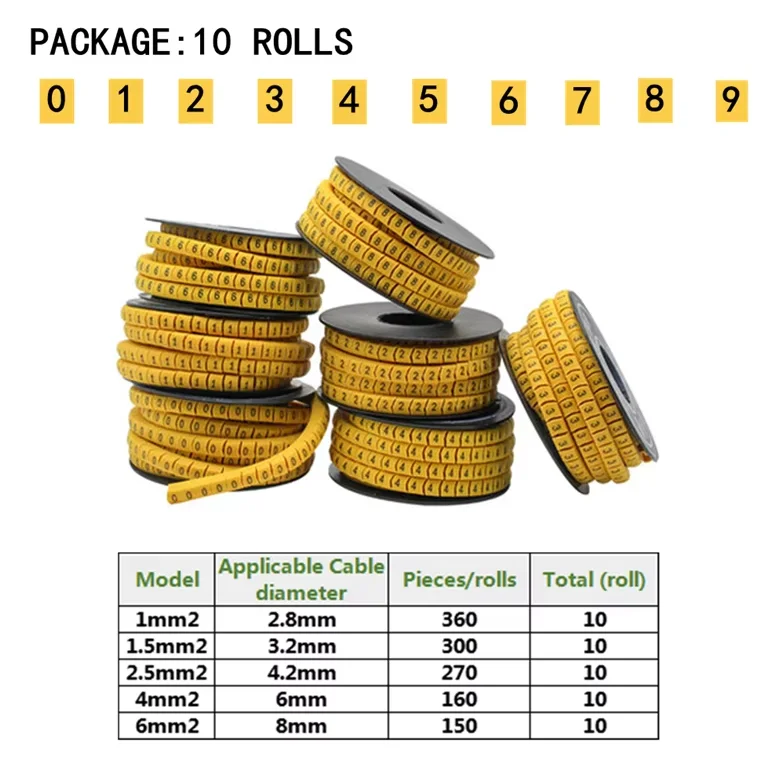 250/500/1000Pcs 0 to 9 Number 2.5mm2 Cable Wire Marker Spiral Wrapping Colored 18AWG-12 AWG EC-1 view 5