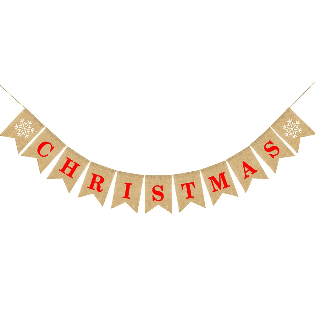 

MERRY CHRISTMAS Letters Bunting Banner Decoration Snowflake Pattern Linen Burlap Banner Swallowtail Pull Flag Party Supplies for