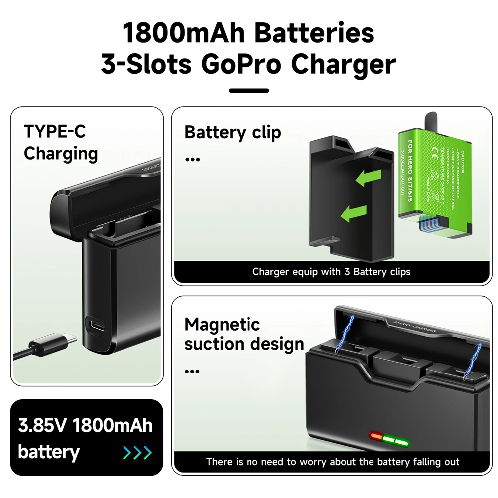 For GoPro 8 7 Hero 6 5 Battery Pack + 3 Slots LED Type C Charging Charger Card Storage Box for Go Pro 8 7 1800mAh Camera Bateria