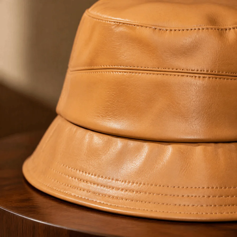 Casual Solid Color Sun Bucket Hat Lightweight Packable Wide Brim Hat Vintage Style Versatile PU Leather Hat Daily Wear