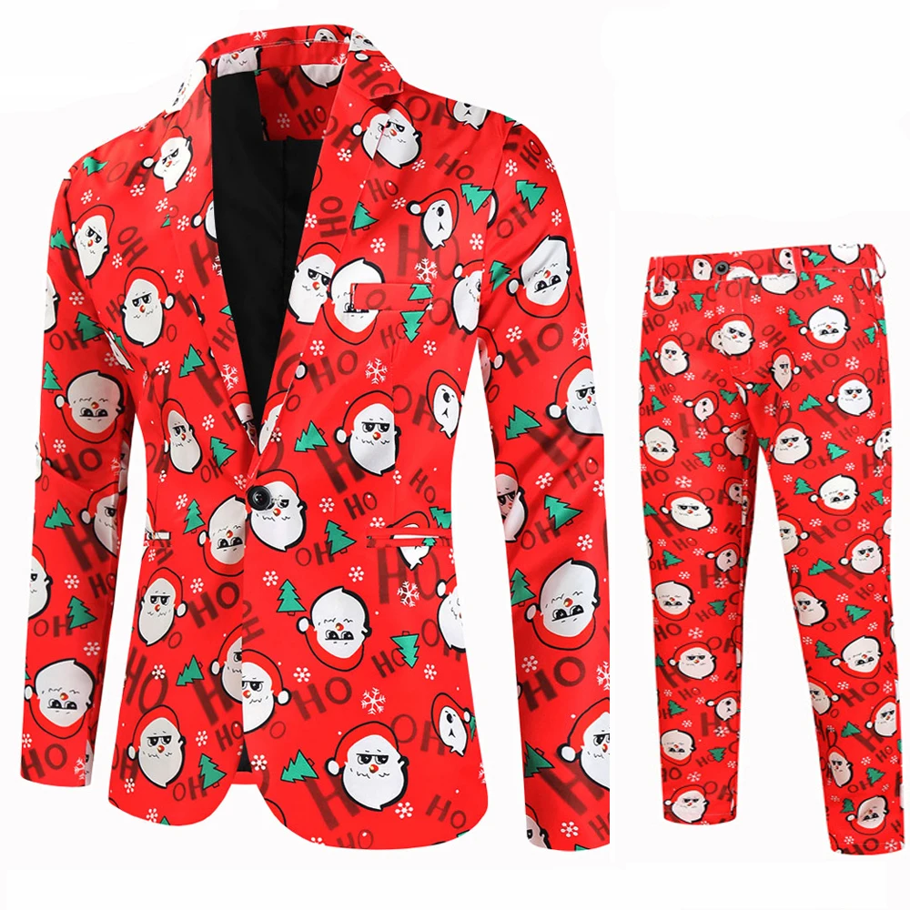 Men's Christmas Suit 2 Piece Slim Fit Xmas Snowman Printed Party Single Button Costume Fashion Casual Men's Clothing