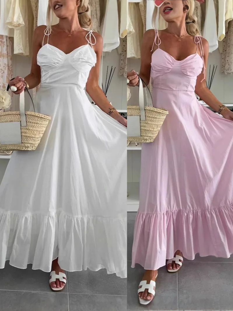 

Women's Dresses 2025 Summer New Fashion Temperament Sweet Solid Color High Waist A-Line Suspender Large Swing Dresses for Women