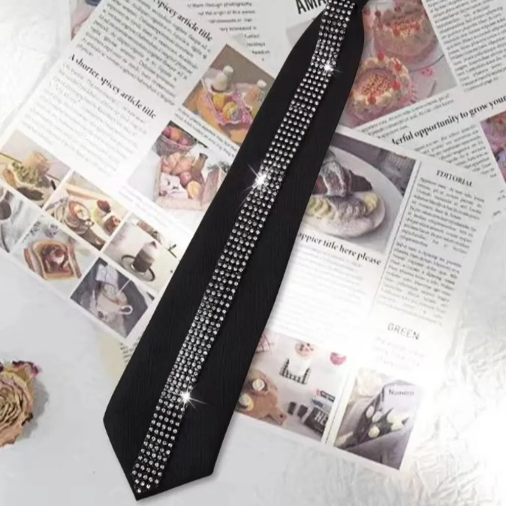 

Black Lazy Rhinestone Neck Tie Glitter Rayon Business Adjustable Neck Tie Bowtie Flexible Pre Tied Neck Tie Uniform Shirt