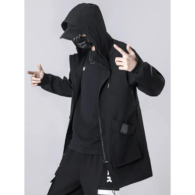 

Men's Spring Autumn Long Trench Coat New Fashion Techwear Black Hooded Windbreaker Overcoat Jackets Plus Size 8XL