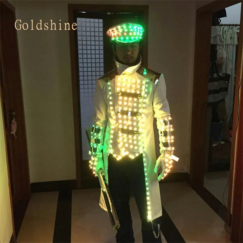 LED Light Captain Costume Set Magic Color Wine Bar KTV Show Clothing with Glasses Gloves Hat for Halloween and Christmas