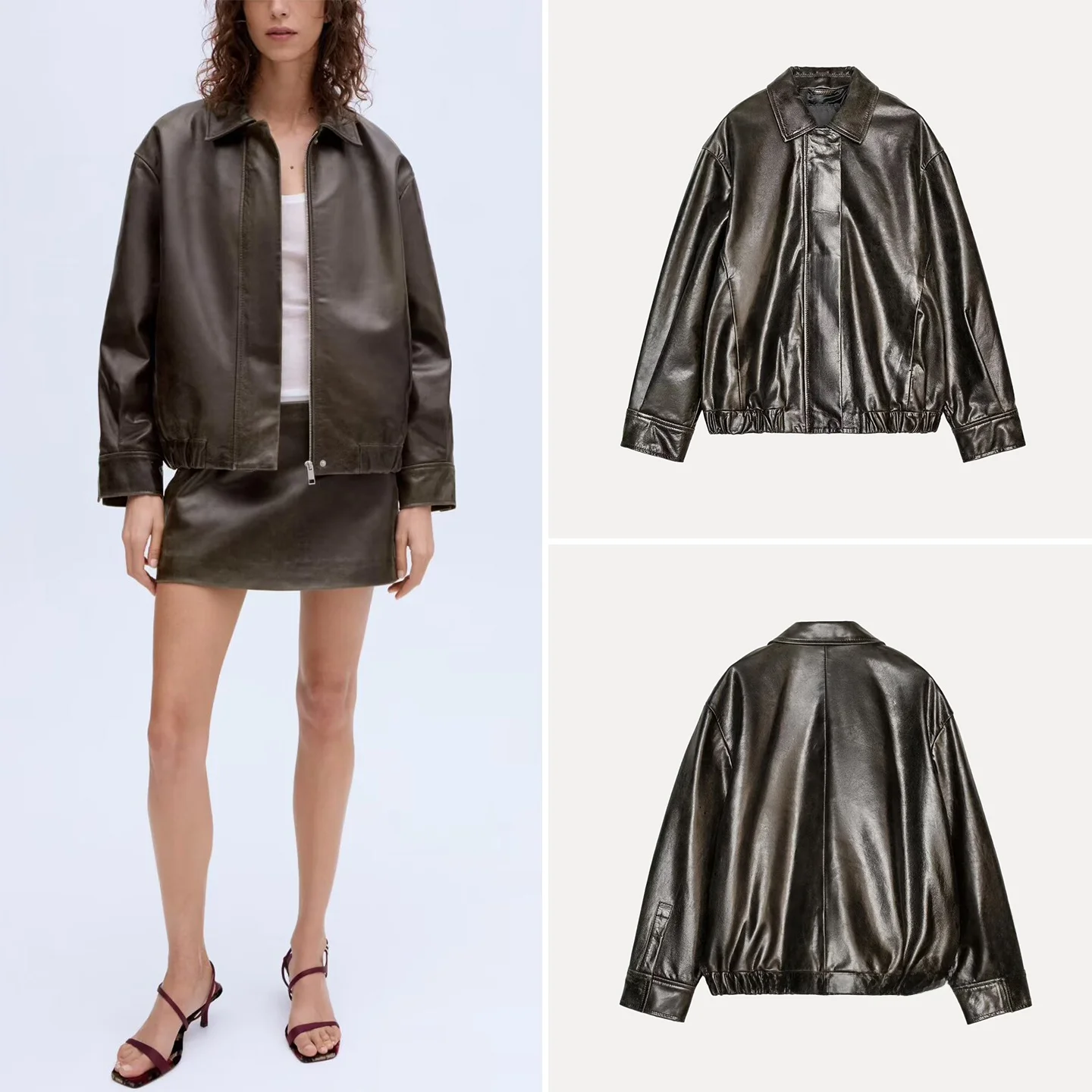 Ele Jaet in pelle da donna Commute Sle Loose Fit Long Sve Colletto con chiusura a cerniera Faionable Autunno Nuovo arrivo