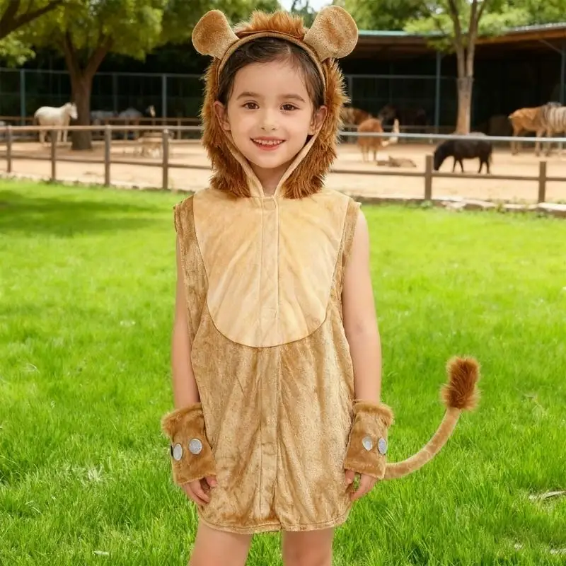 39BD Löwenohren Stirnband Schwanz Kapuzenanzug Tierlöwen Cosplay Kostüm für Halloween Geburtstagsfeier Bühnenauftritte