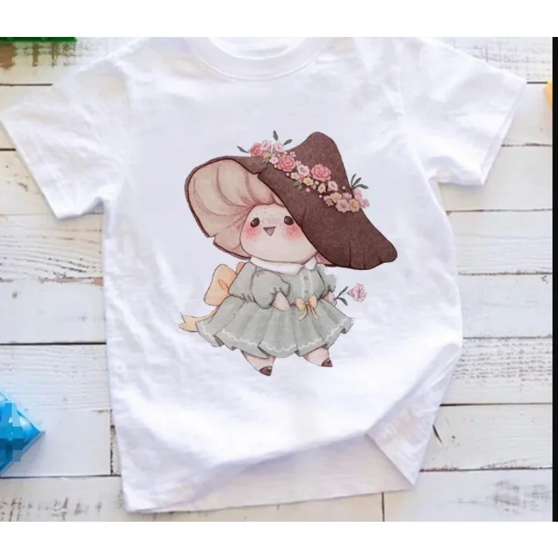 Summer Cute  Cartoon Mushroom Style Print Girls Clothes Casual Versatile Children's Fine Tops