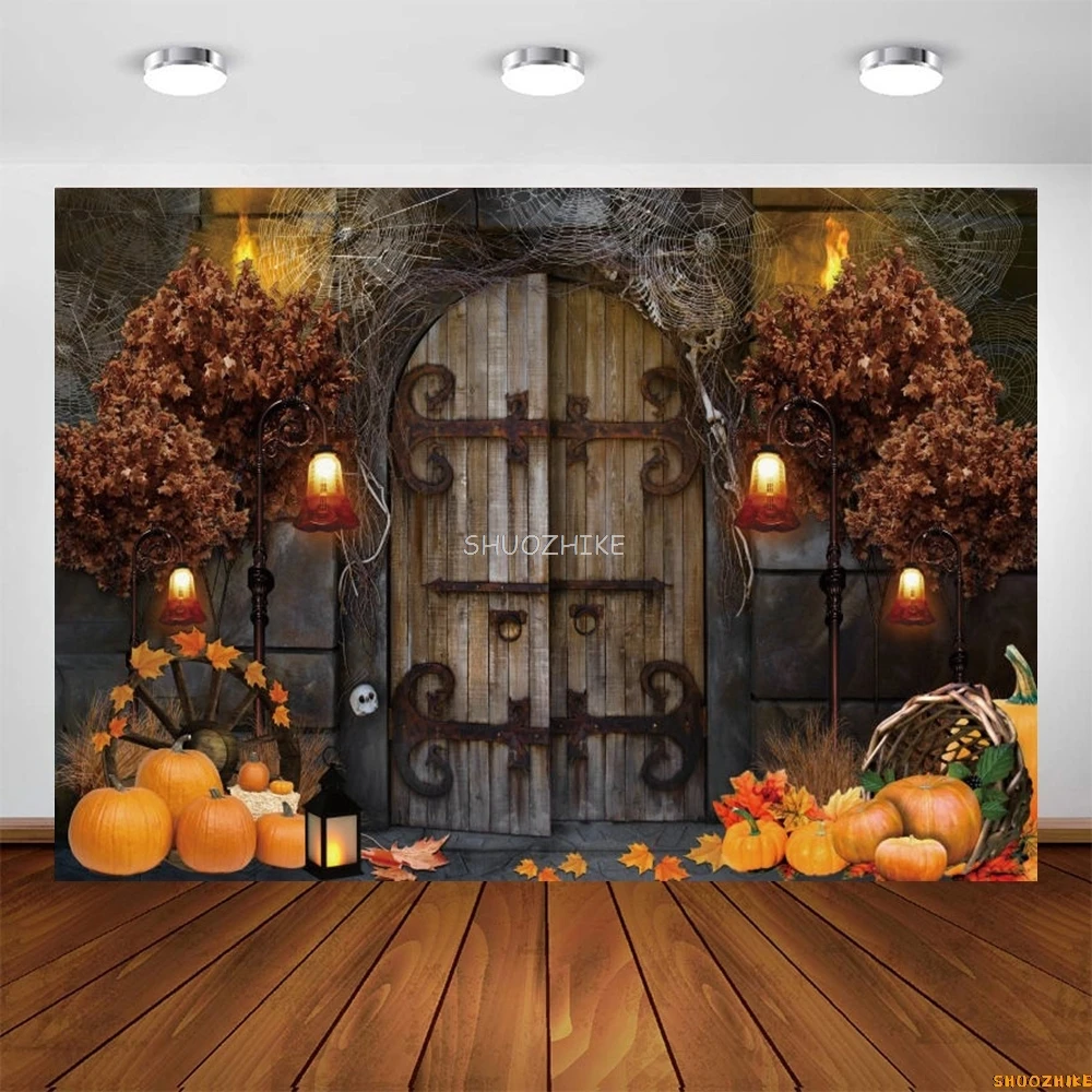 هالوين خلفية بوابة باب شجرة اليقطين شبكة العنكبوت الخريف مزرعة التصوير خلفية الصورة Photophone فوتوزون فوتوكول