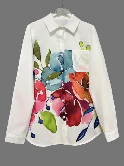 

2025 New Ink Flower Print Elegant Cardigan Pocket Shirt Casual Top