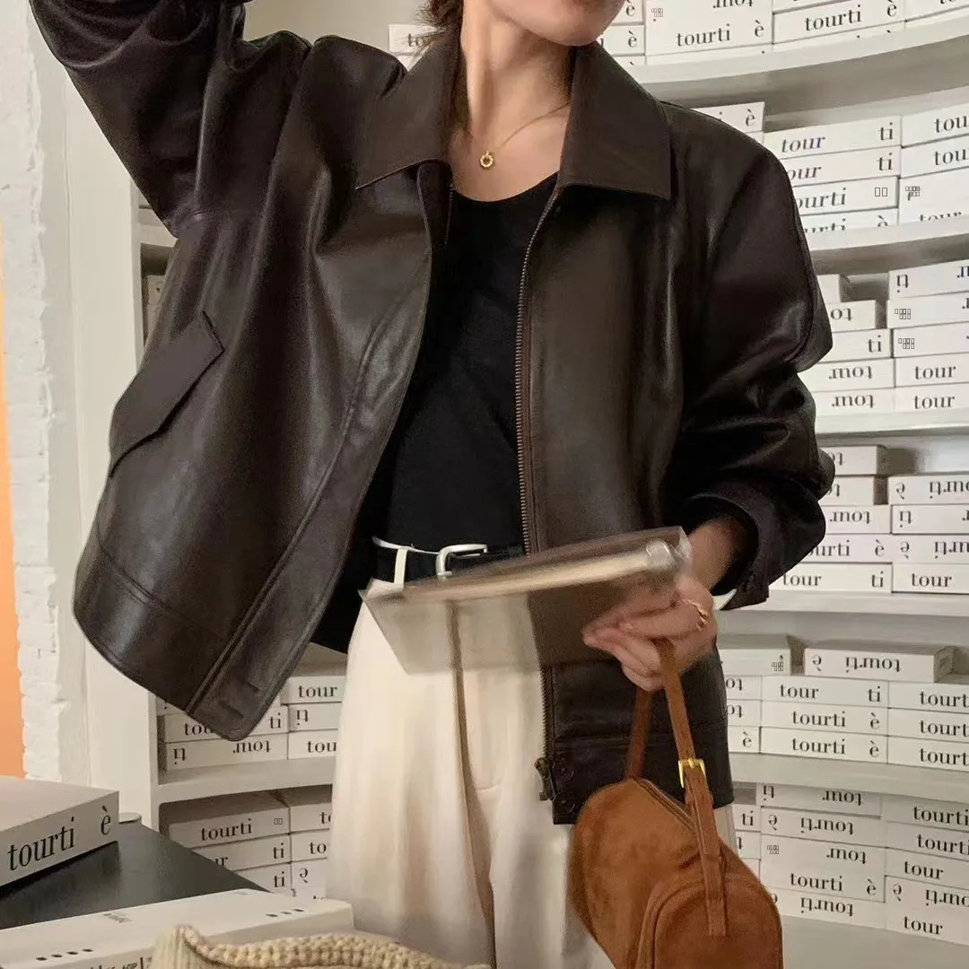 

Retro Sli Lapel Zipper ket Loose Versatile BF Biker Leather Jaet Women's Faion Autumn Winter Outerwear Coat