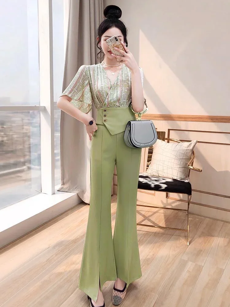 Green Ruffle Women\'s Top and Pants Two Piece Set Holiday Outfits Ladies Trouser Bottom with Sleeve Wholesale Bulk Outfit Clothes