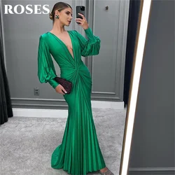 ROSES Mermaid Sexy Green Evening Dresses Stain Charming Prom Dress Pleat Deep V Neck Long Sleeves Party Dress vestidos de noche