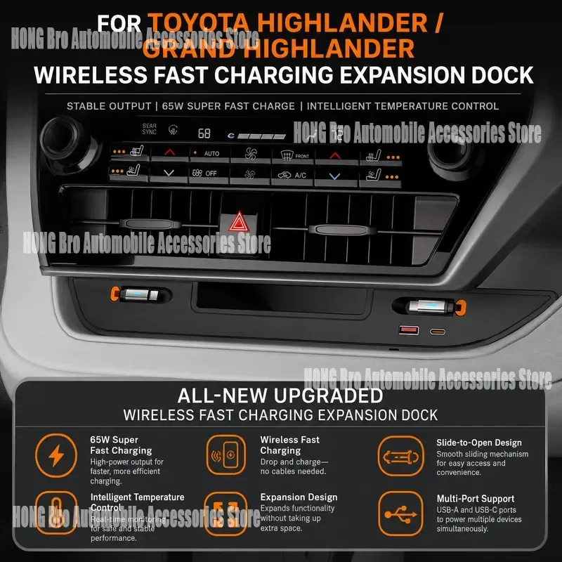 For Toyota Highlander Crown Land Cruiser 65W Super Fast Charger Front Car Charging Docking Station USB C PD Quick Charge