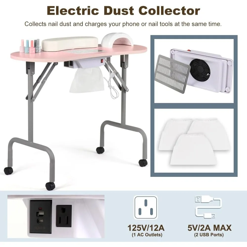 Portable nail table with charging station and dust collector, foldable nail table with wrist pad, 4 lockable wheels