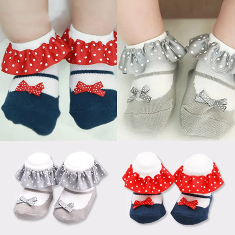 Children Toddler Baby Girls Short Socks Disney Mickey Minnie Bow Lace Polka Dot Socks Baby Toddler Cartoon Non-slip Socks