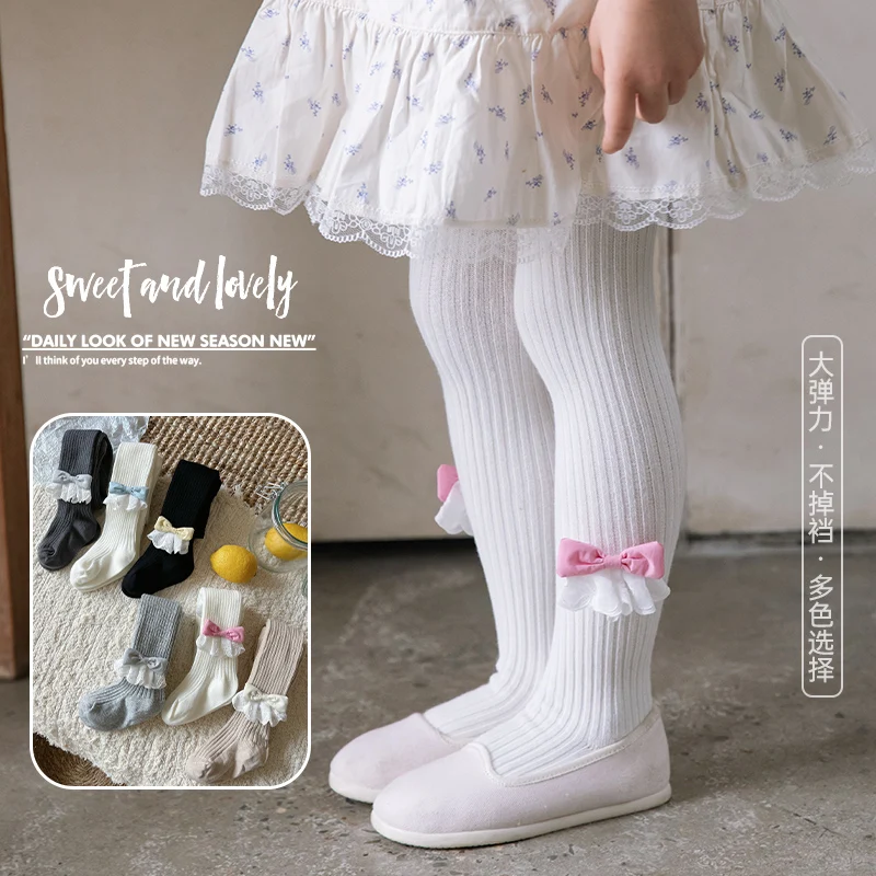 Cute Girls Anti Pilling Solid Leggings Vertical Stripe Design Decorated With Cute Butt Cover Bow Skin-Friendly Elastic Pantyhose