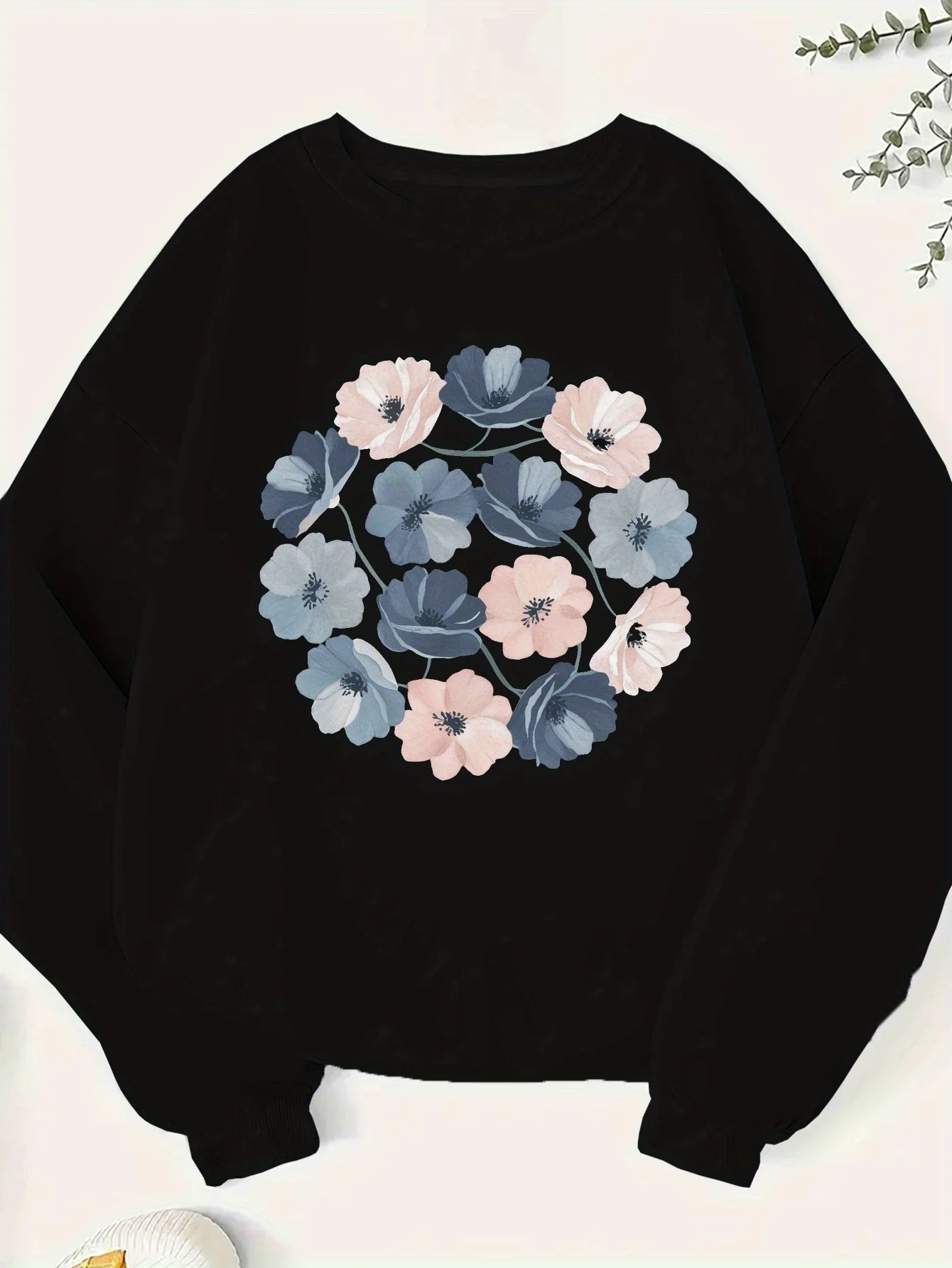 Women's Plus Size Floral Print Casual Sweatshirt - Soft Polyester, Long Sleeve, Round Neck, Light Gray with Blue and Pink Flower