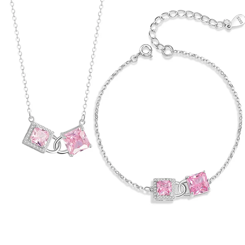 2PCS Pink Zircon Lock Pendant Necklace Bracelet Set for Women S925 Sterling Silver Valentine's Day Gift Adjustable Jewelry