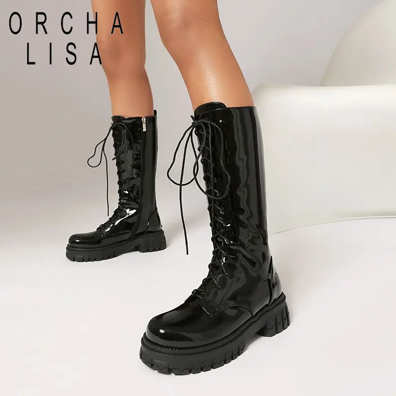 ORCHA LISAFashion Female Knee High Boots Round Toe 4.8cm Block Heels Platform Zipper Lace Up Large Size 41 42 43 Black