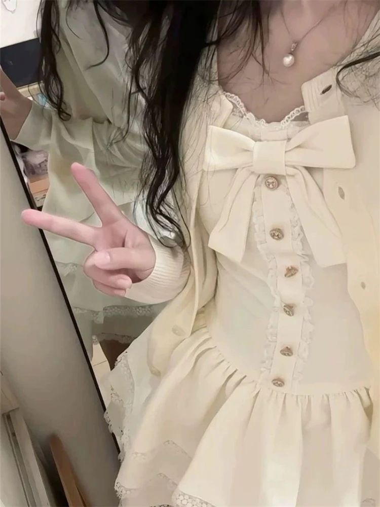 

2000s Korean Fashion 2 Piece Dress Sets Slim Y2k Sweet Harajuku Vintage Suits French Elegant Cardigan + One Piece Dress Korean