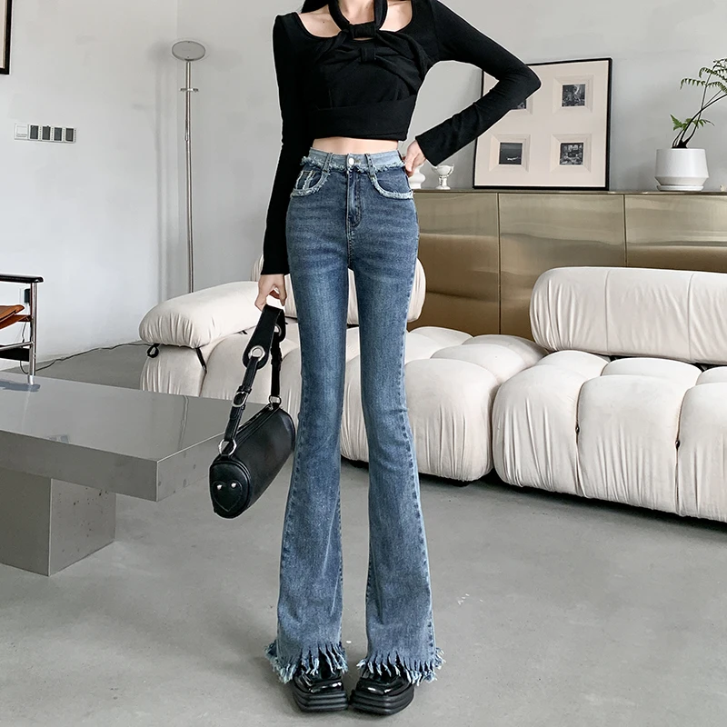 Skinny Stretch Jeans Women's Raw Edge Fringe Design Flared Pants Female Korean Fashion Street Y2k Trend Autumn Blue Trousers