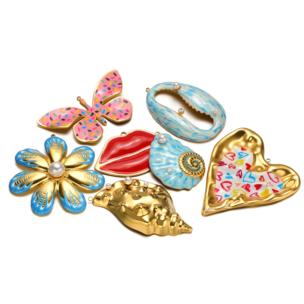 

2Pcs Stainless Steel Big Heart Flowers Shells Enamel Pearls Charms for DIY Jewelry Necklace Pendants Bracelet Earrings Making